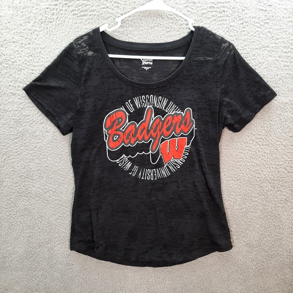 Wisconsin‎ Badgers Shirt Womens Extra Large Black Burnout College Sports NCAA